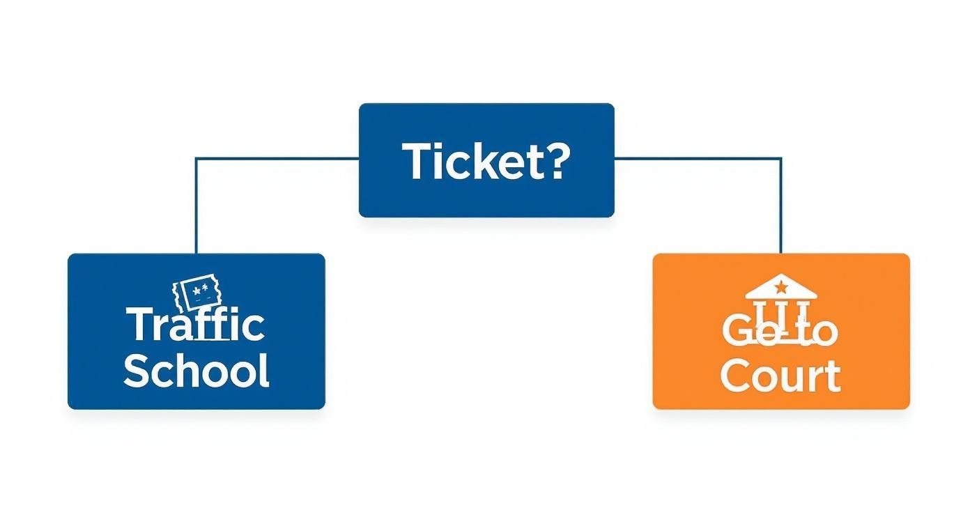 A simple flowchart illustrating options for handling a ticket: either attend traffic school or go to court.