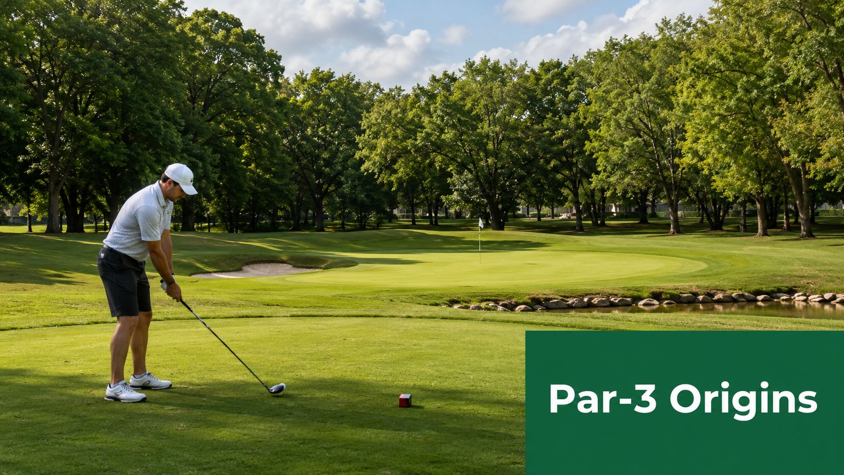 A golfer stands on a tee box ready to drive the ball toward a green with a flag.