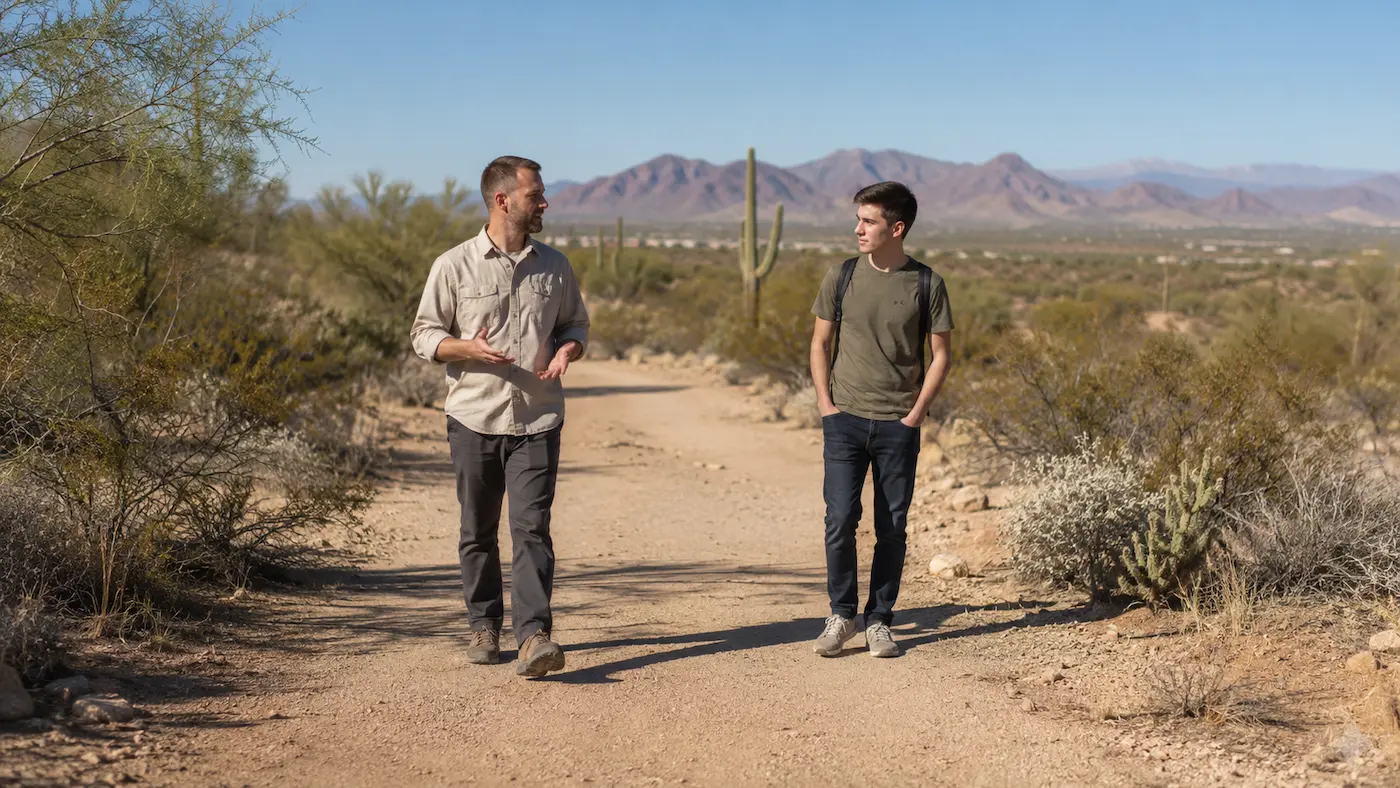 Two adult men walking and talking on a desert trail with saguaros