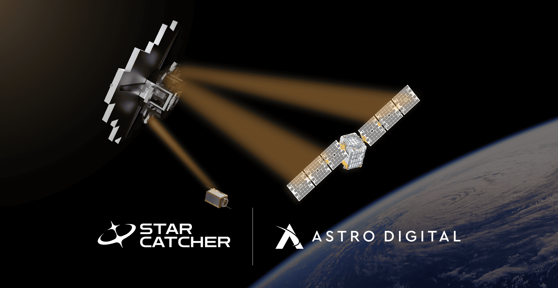 Star Catcher Power Node beaming power to Astro Digital satellite buses with Star Catcher and Astro Digital logos