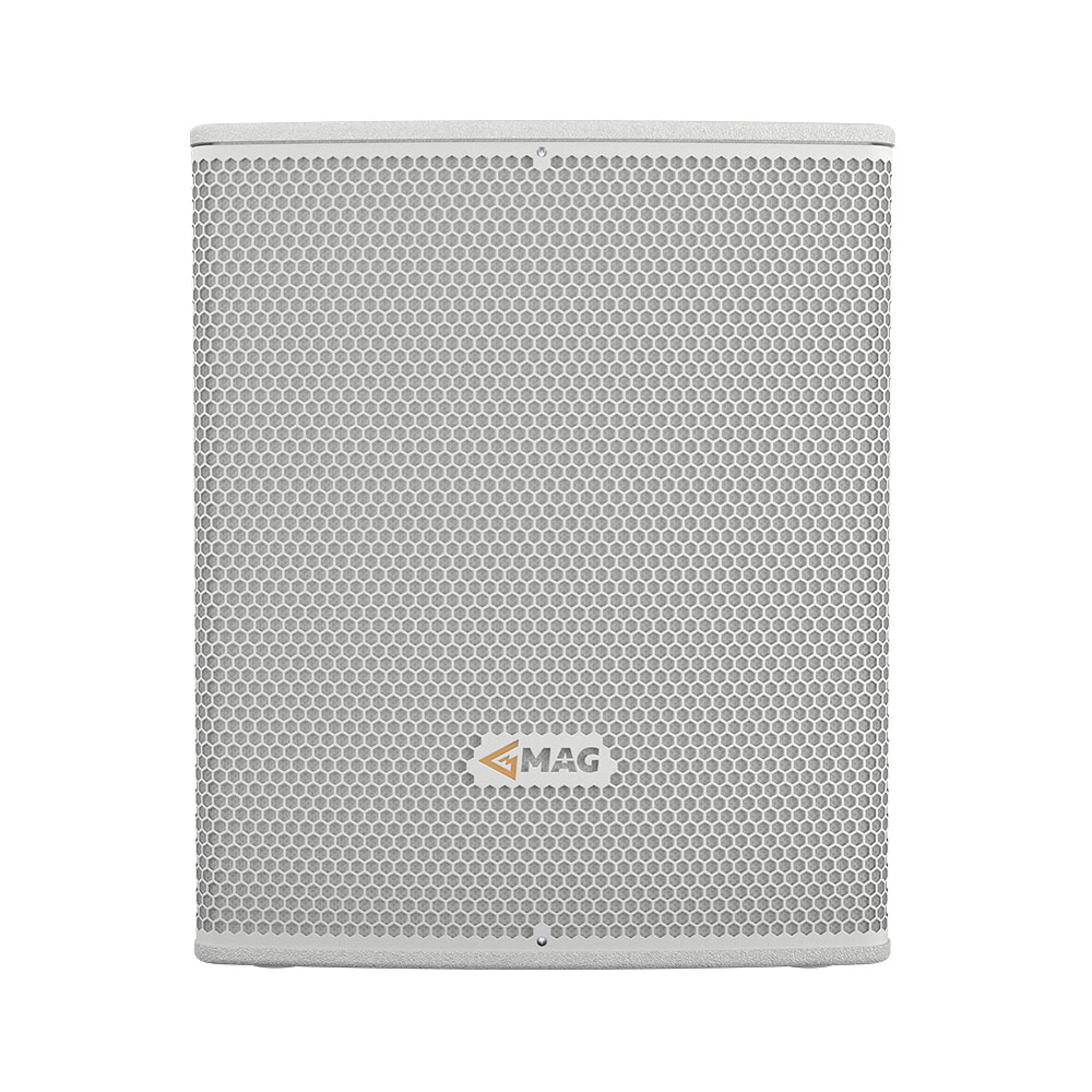 White speaker with hexagonal grille and MAG logo