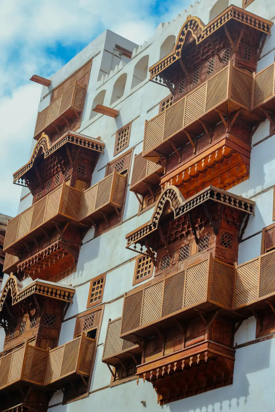 Traditional wooden balconies on historic architecture in Al Balad, Jeddah, Saudi Arabia.
