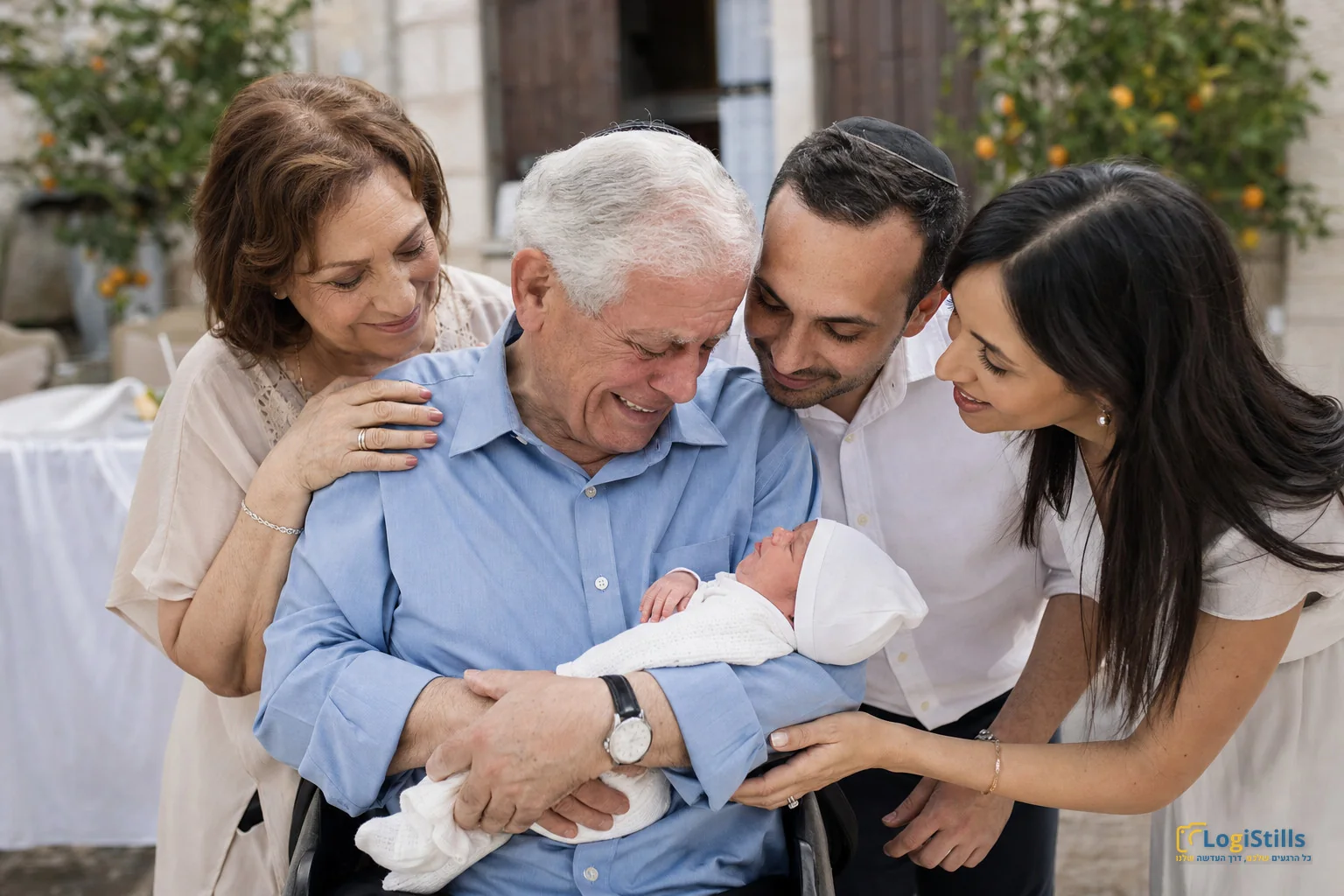 סבא מחזיק תינוק לבוש לבן מוקף בהורים ובני המשפחה