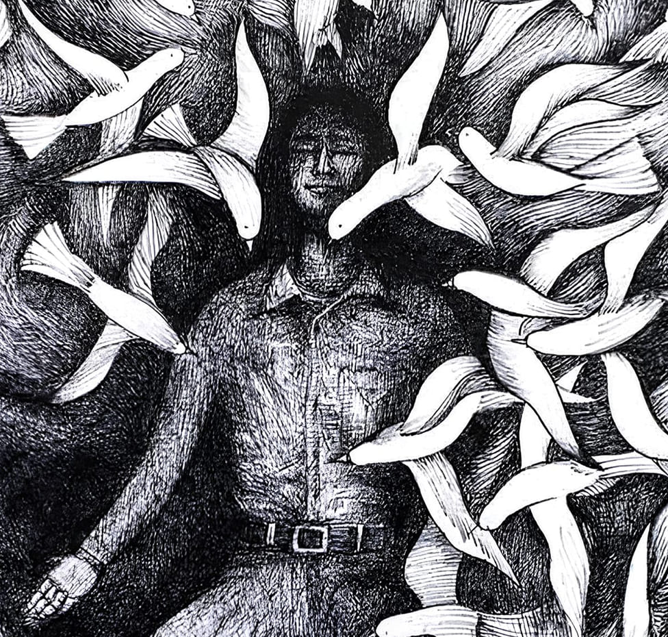 Detail of a central human figure enveloped by flowing doves, representing the movement of thoughts, imagination, and inner consciousness.