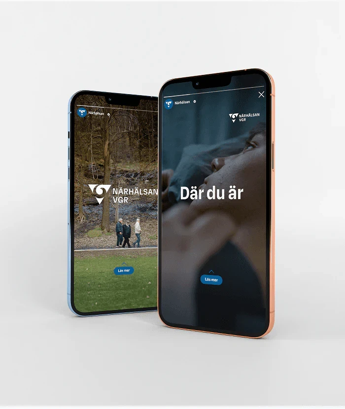 Två mobiler med Närhälsans annonser i stories-format med texten Där du är