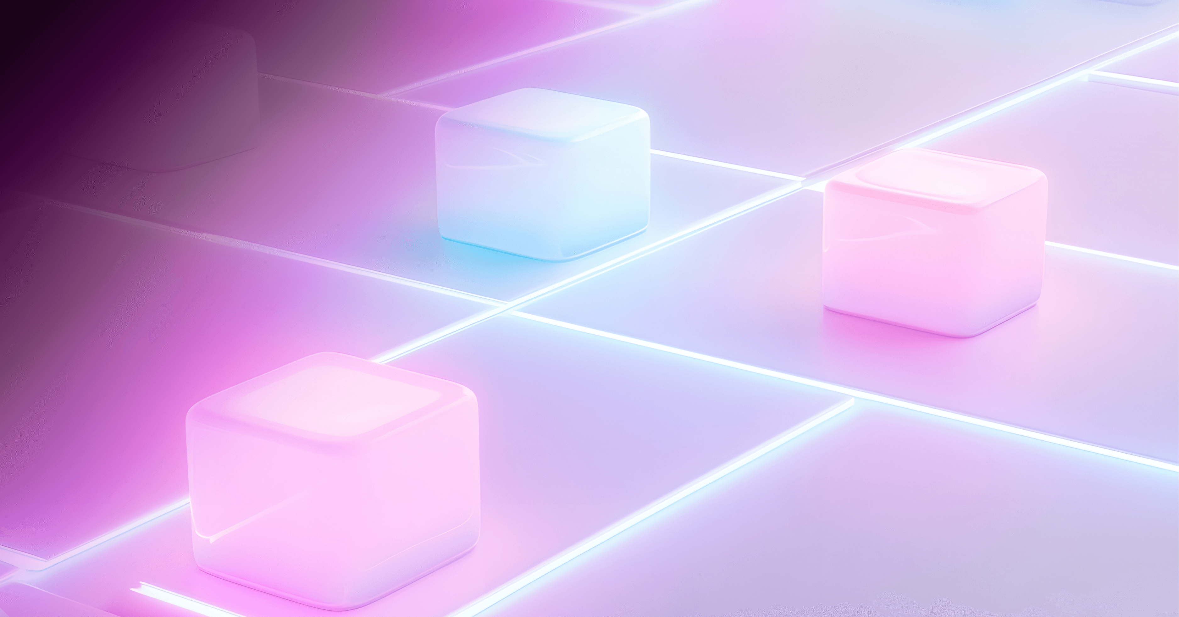 A 3D isometric view of glowing digital blocks (representing code) moving across the pipeline