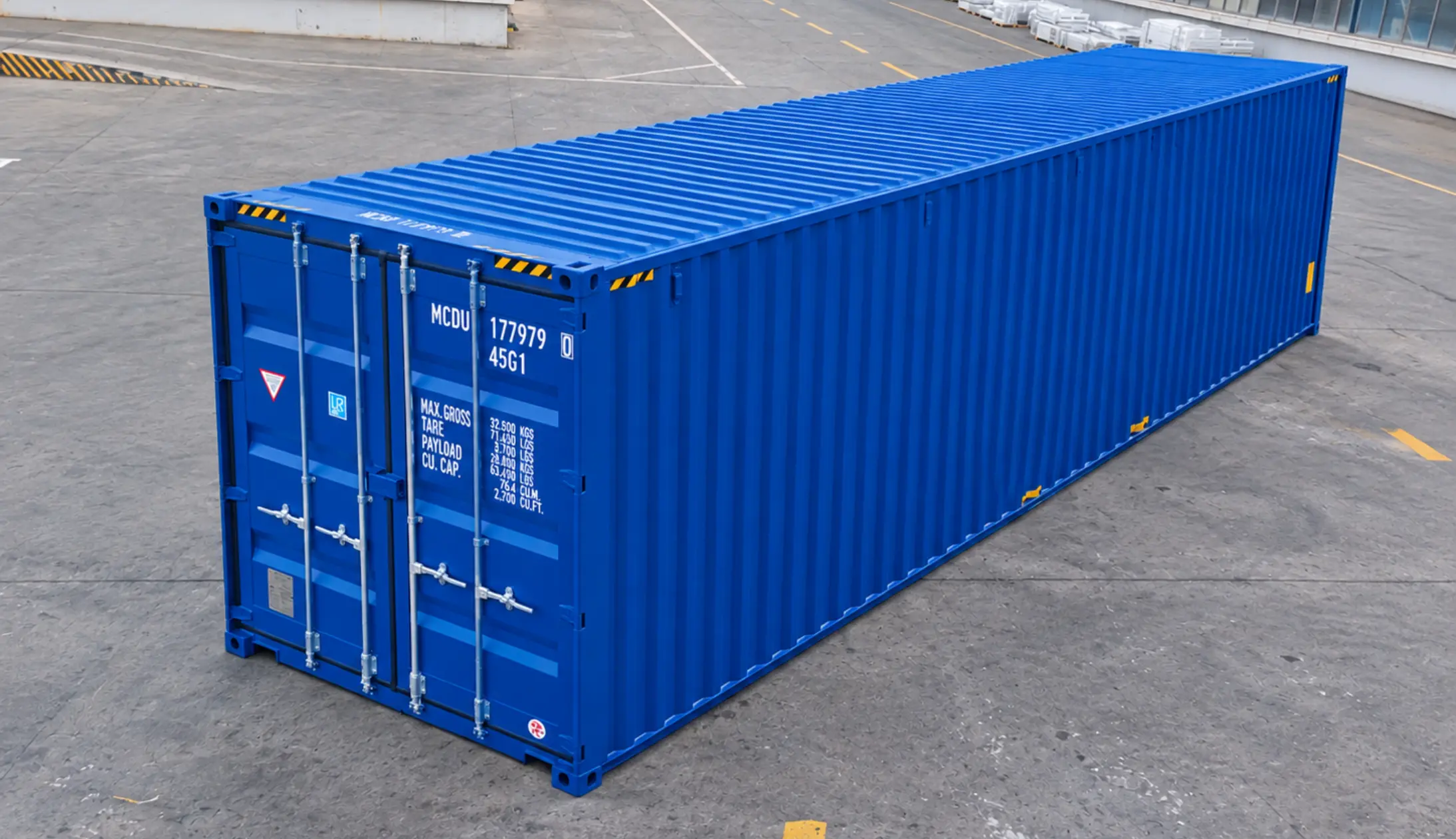 Vind- og vanntett 20 fots blå shippingcontainer plassert på lagerområde
