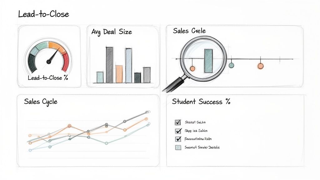 Hand-drawn business dashboard displaying key sales performance metrics and student success percentages.