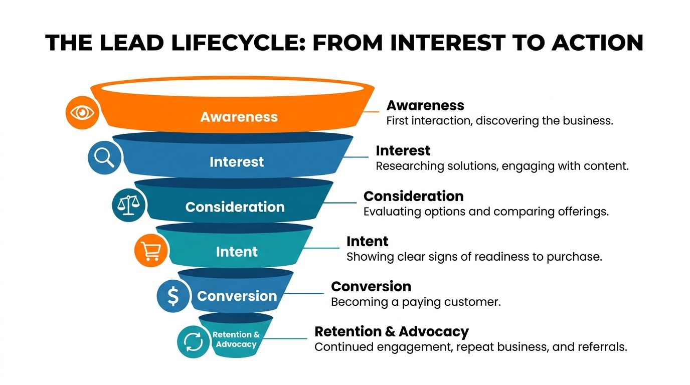 A funnel diagram illustrating the lead lifecycle stages from initial awareness to final retention and advocacy.