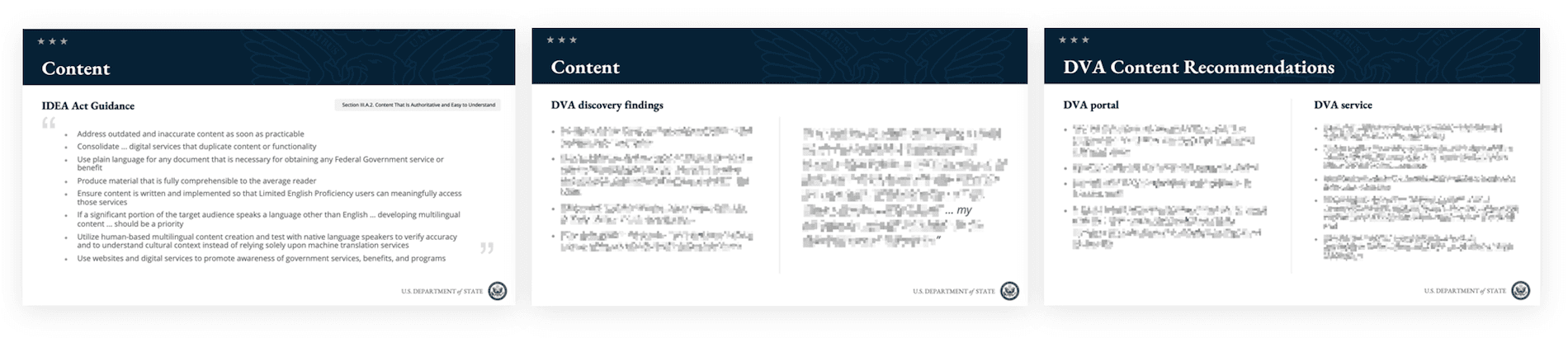 Three slides showing content recommendations for the digital visa.