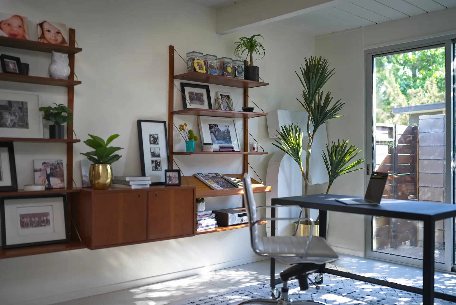 First wide-angle view of the home office, showcasing custom cabinetry and storage solutions in the Fairhaven Eichler Tract remodel. Photo by Todd Huge.