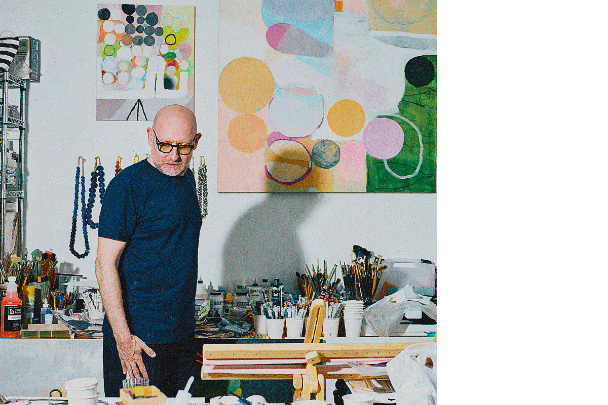 Series of images showcasing Marc smiling in his studio and photos of his Spacegarden vinyl playset, with abstract floral elements usnig rich jewel-toned gradients.
