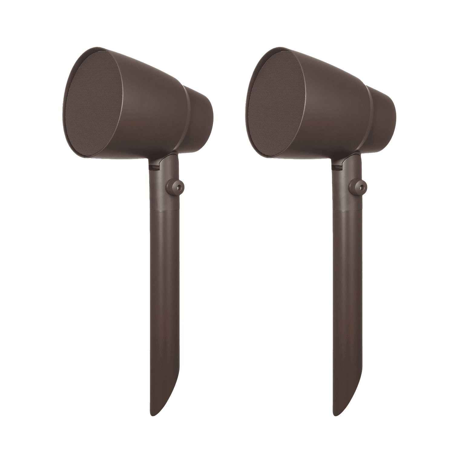 Two brown outdoor speakers on stakes.