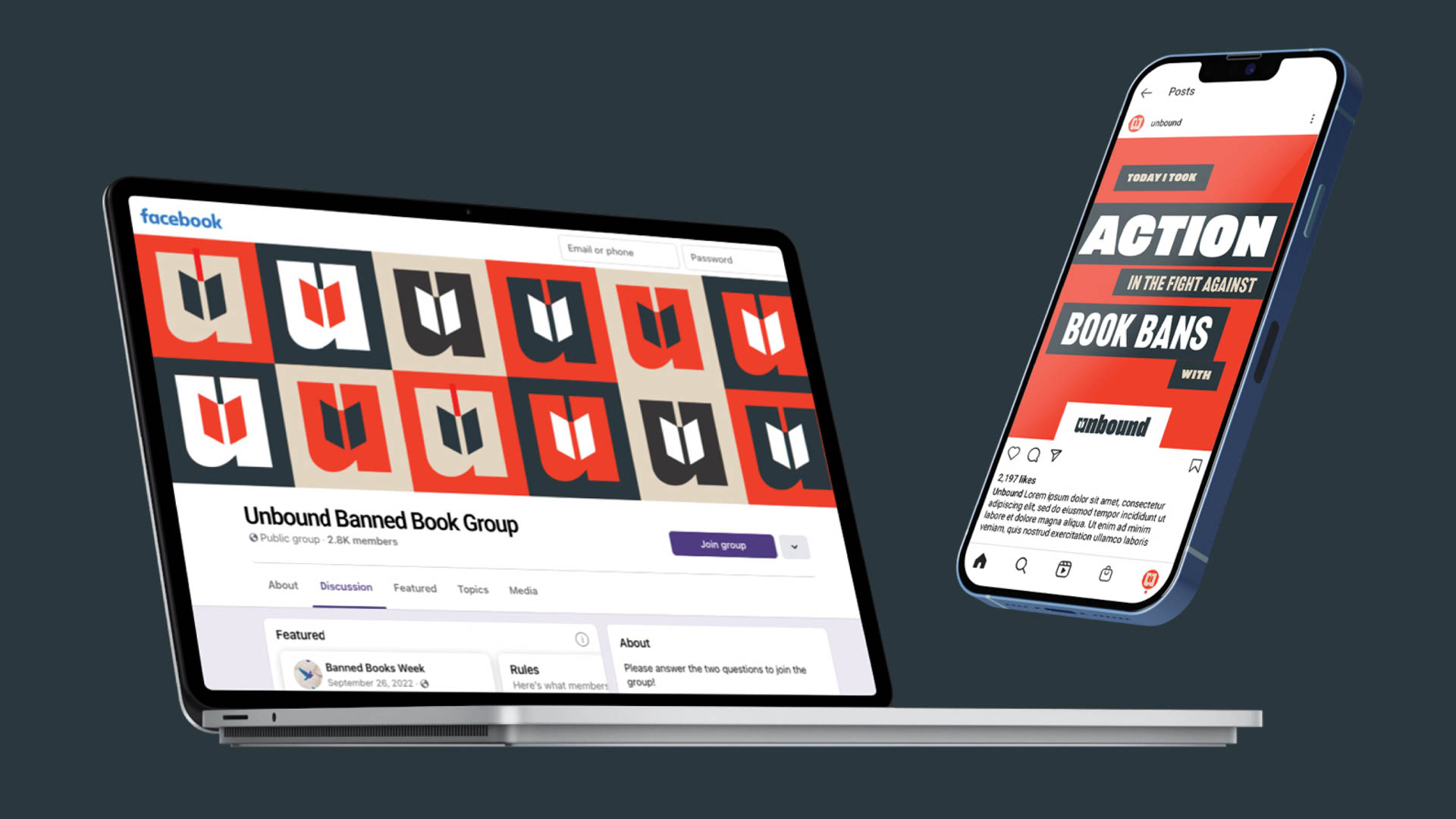 A laptop displays a Facebook page titled "Unbound Banned Book Group," showing a grid of stylized Facebook logos in red and gray squares. The page includes sections for "About," "Discussion," "Featured," "Topic," "Media," "About," "Rules," and "Join group." A smartphone shows the same page with the Facebook logo and the word "ACTION" in bold text, alongside the tagline "IN THE FIGHT AGAINST BOOK BANS." Both devices are set against a dark gray background.