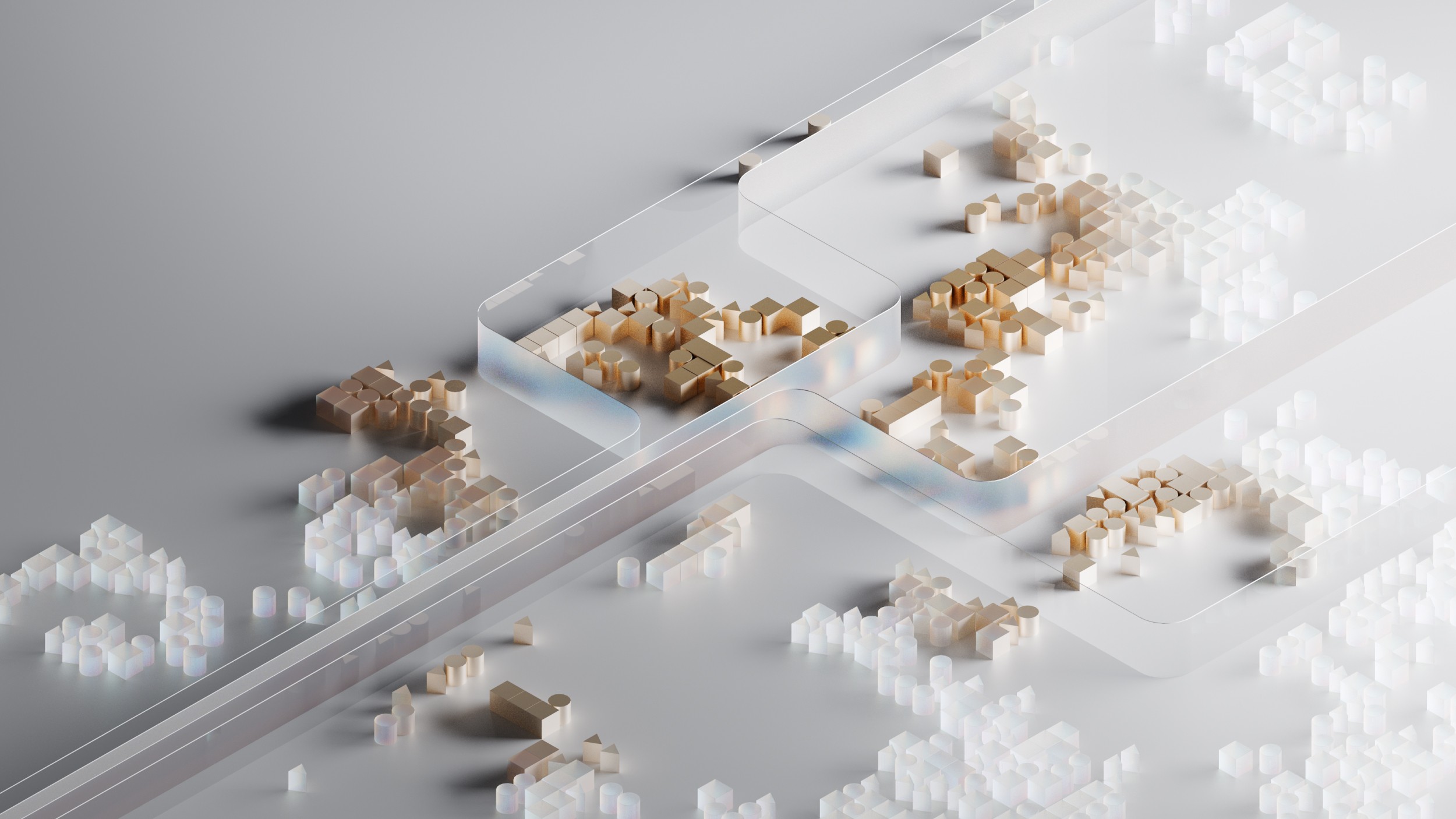 3D models in a cube world, created in Cinema 4D and rendered with Redshift, visualizing data points and analytical metrics.