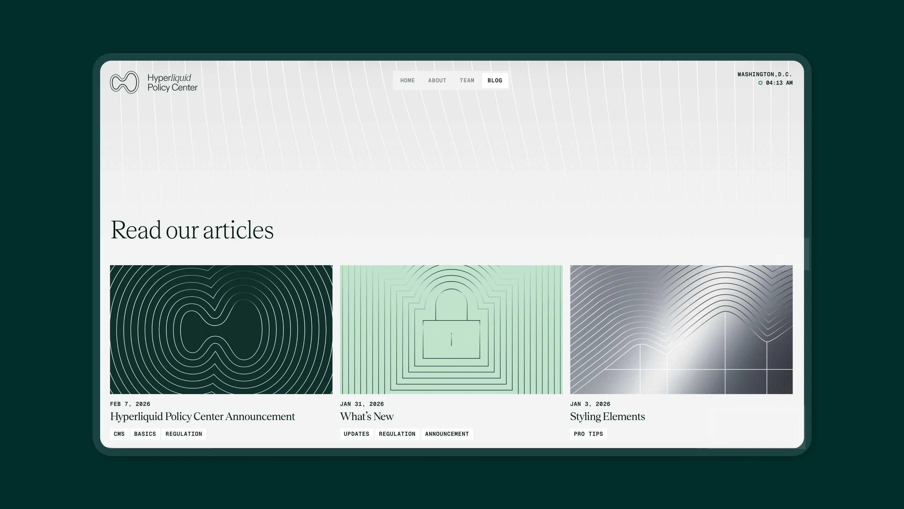 Hyperliquid Policy Center — website editorial page layouts, web design by Charlota Blunarova