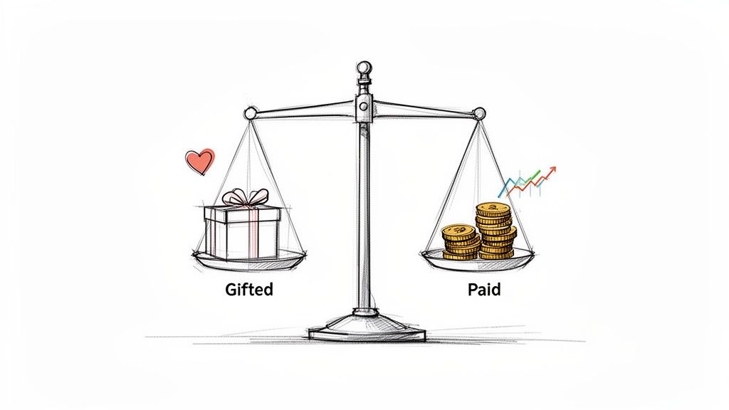 A balance scale shows a gift with a heart labeled 'Gifted' balancing stacks of coins with a graph labeled 'Paid'.