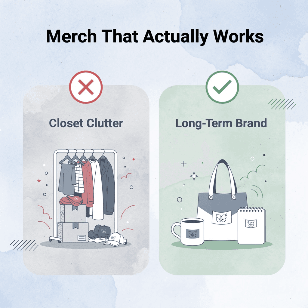 Before and after infographic showing branded merchandise going from closet clutter to long-term brand asset