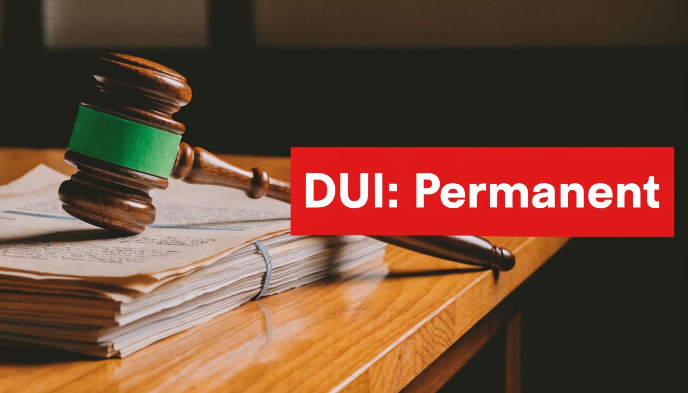 A wooden judge's gavel resting on a stack of legal documents with a red banner overlay text.