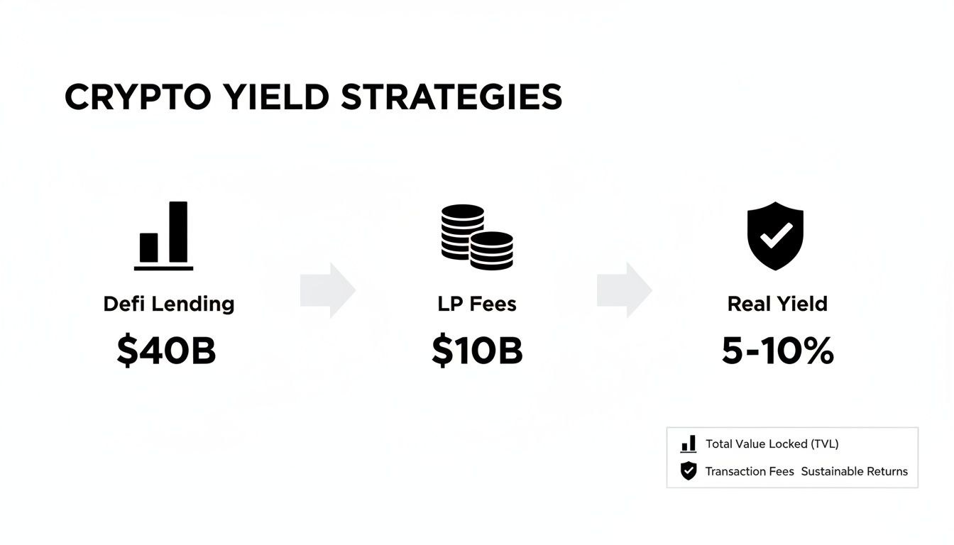 Diagram illustrating crypto yield strategies: DeFi Lending, LP Fees, and Real Yield percentages.