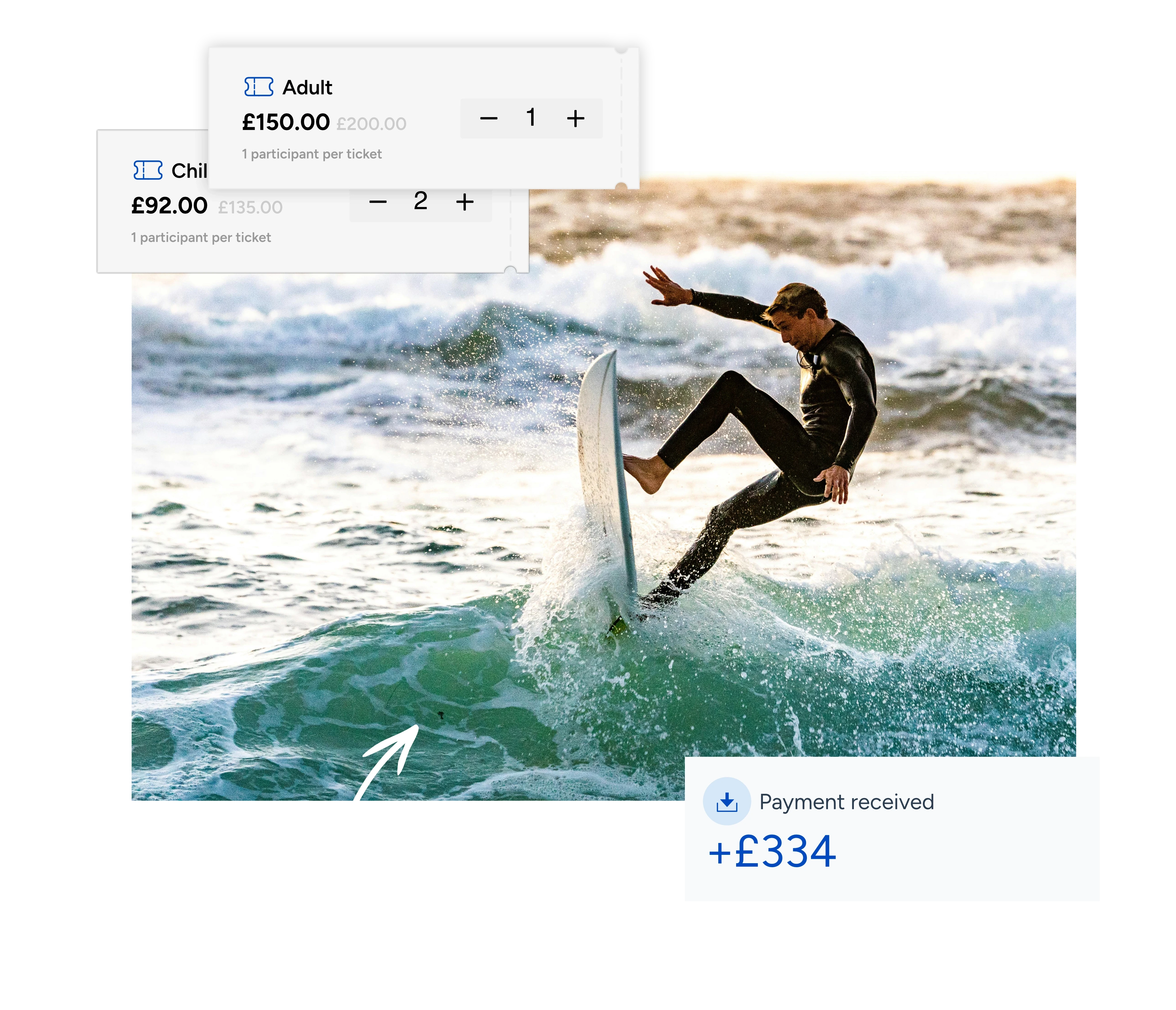 A surfer rides a wave, highlighted against a blue background. Ticket prices and payment graphics overlay the image. Text reads "Make waves, not paperwork."