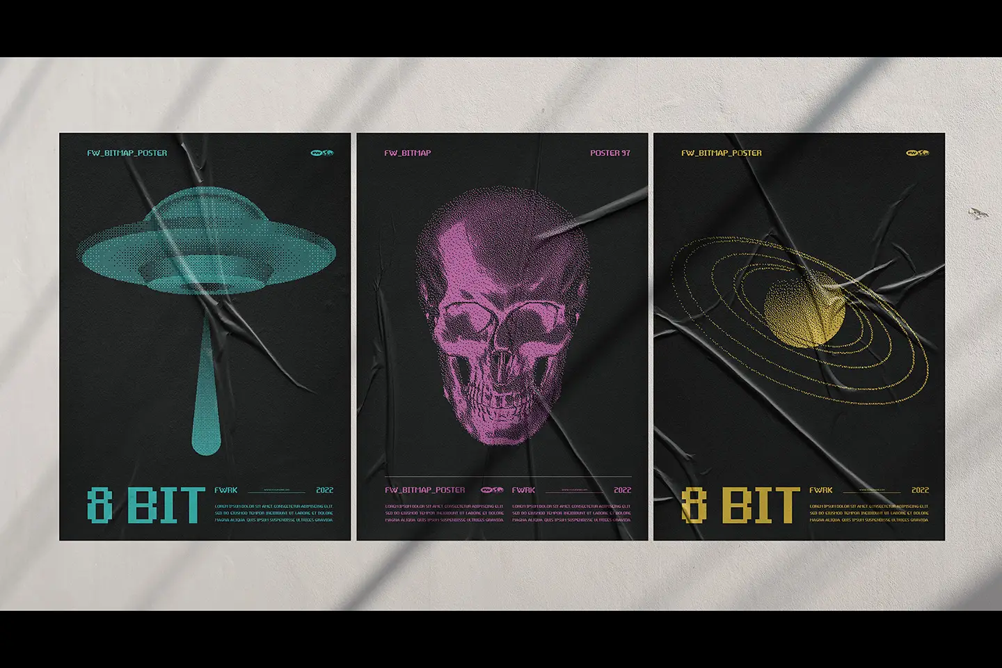 Bitmapped design elements applied to 8-bit posters featuring a UFO skull and planet orbits
