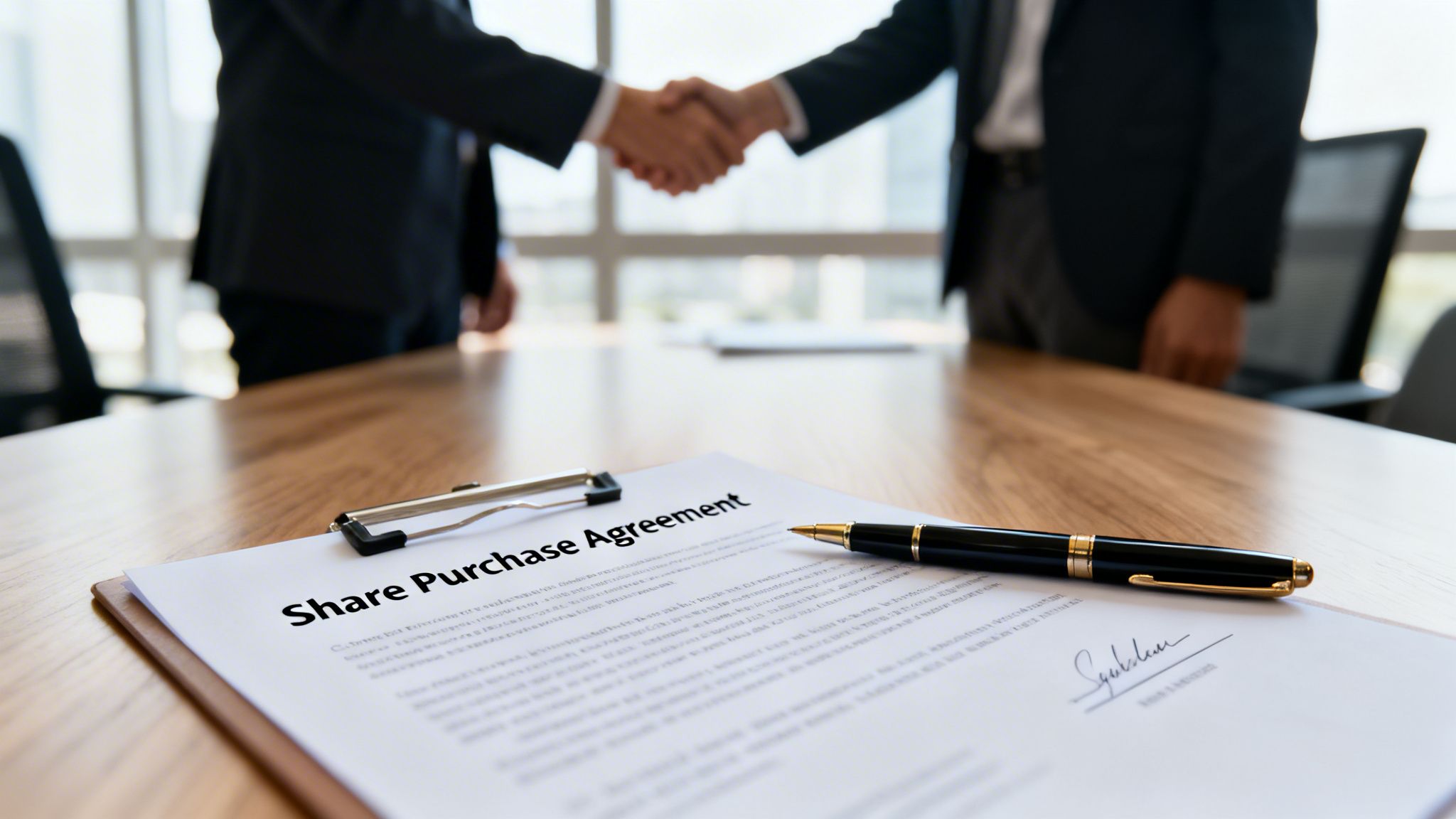 Two businessmen shaking hands in a bright office after signing a share purchase agreement.