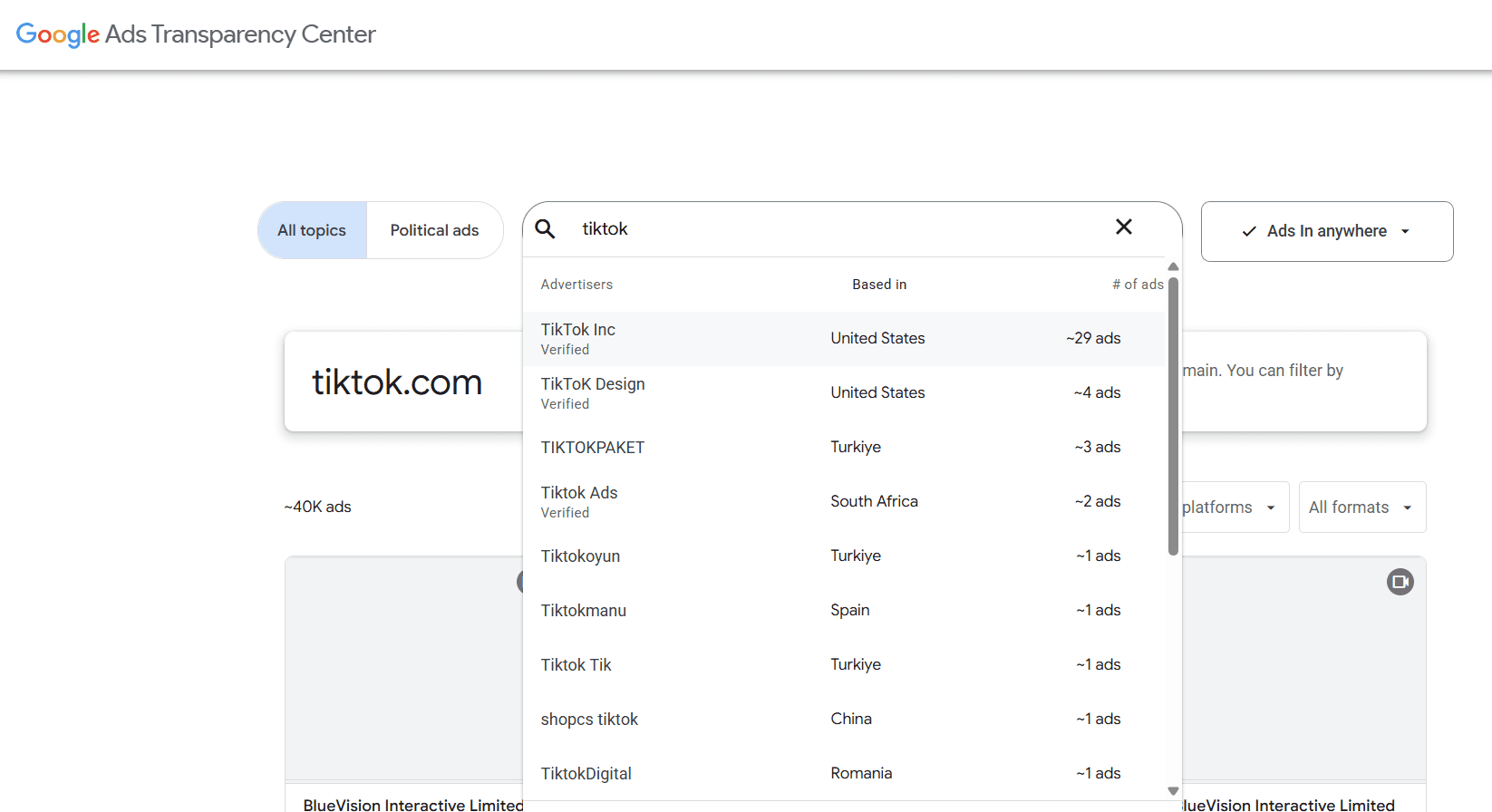 Google Ads Transparency Center interface displaying search results for TikTok, including various advertisers and countries like the U.S., Türkiye, and others. The design is clean and minimalistic, with a focus on ad transparency.