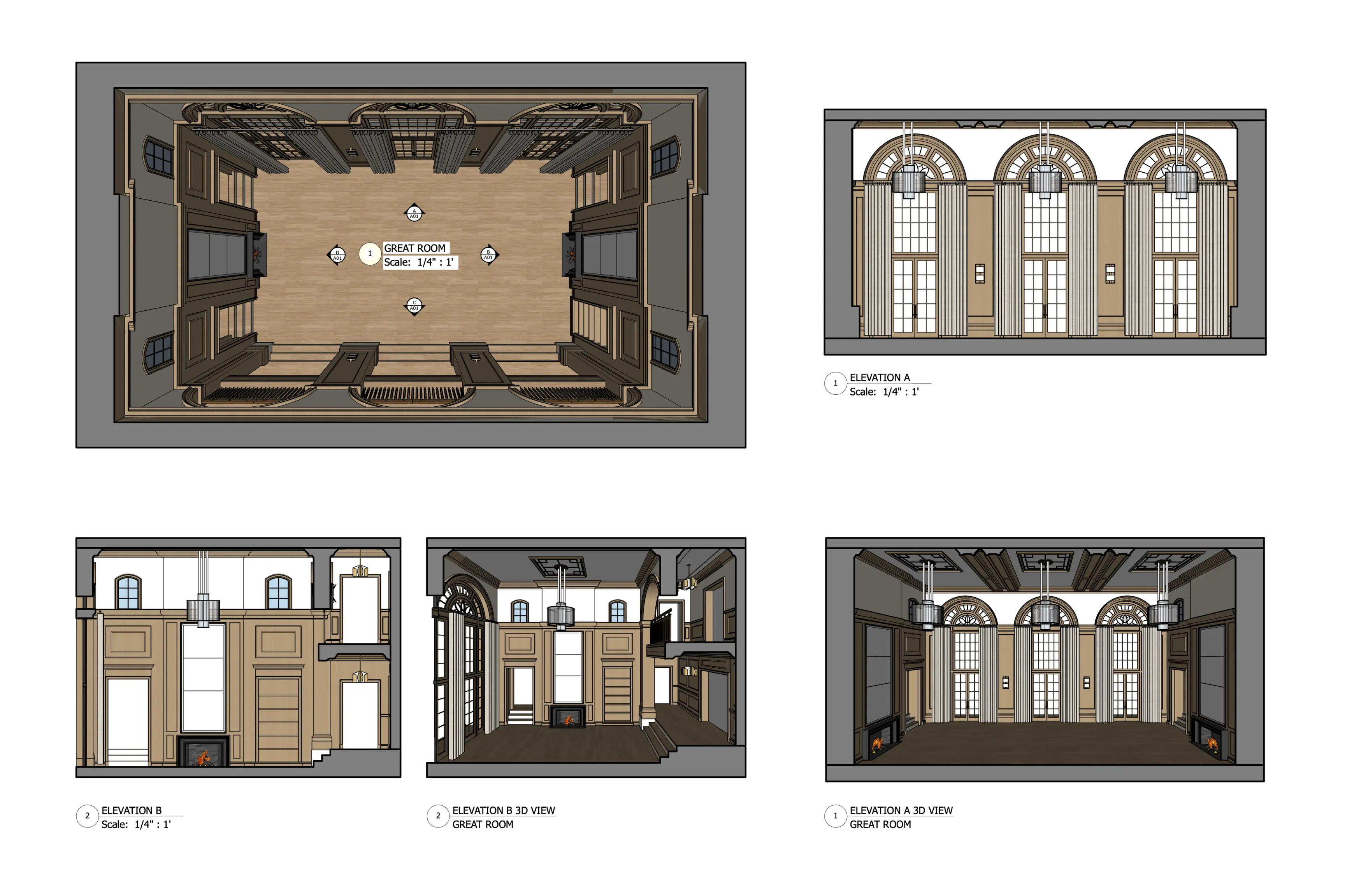 Living room rendered floor plan and elevations