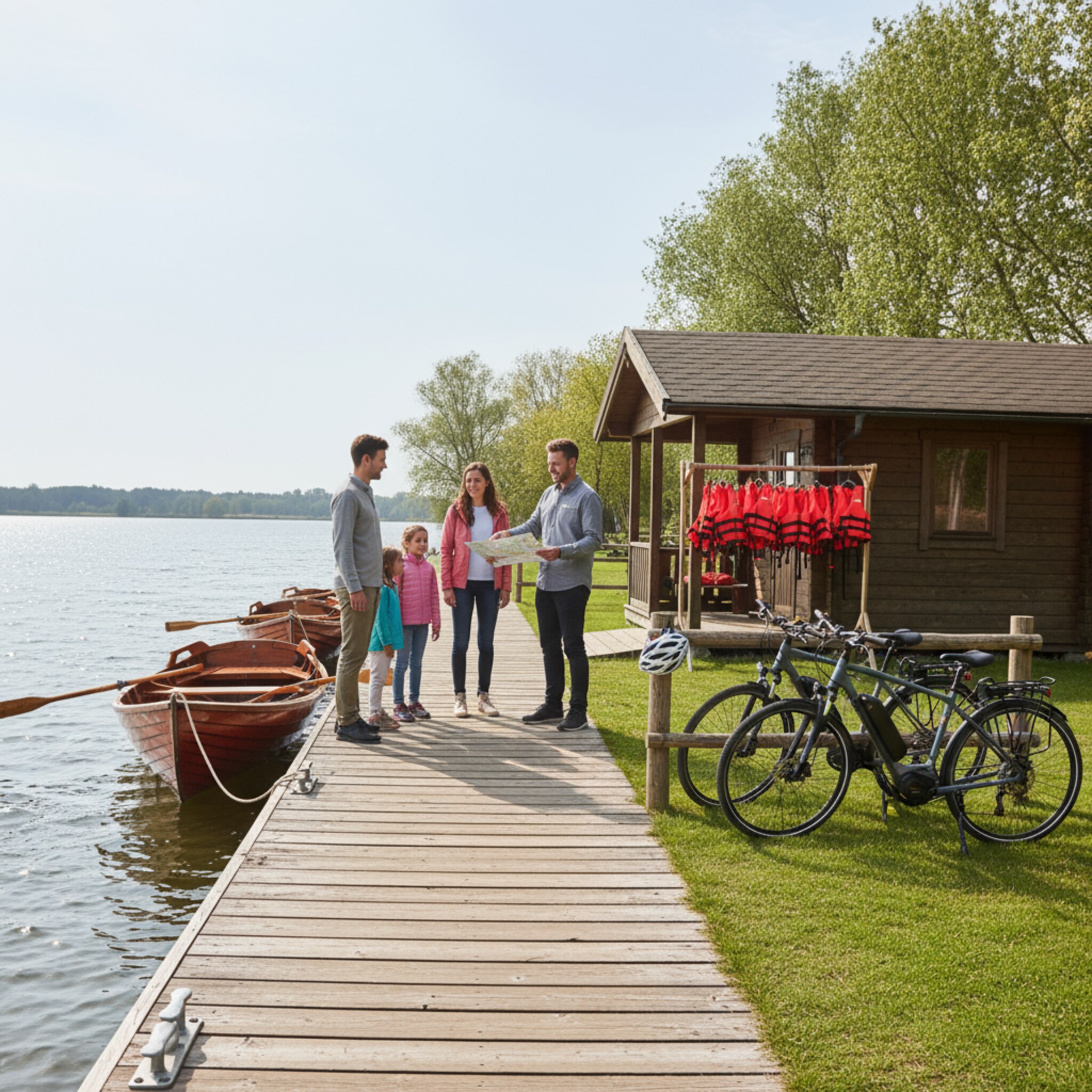 Am Steg klatscht Wasser sanft gegen Holz, eine Familie entscheidet sich für ein Ruderboot. Neben der Hütte stehen leuchtend rote Schwimmwesten ordentlich aufgereiht. Ein Mitarbeiter reicht eine laminierte Karte des Sees. Auf der Wiese daneben lehnen E-Bikes an einem Zaun, Helme hängen an Haken.