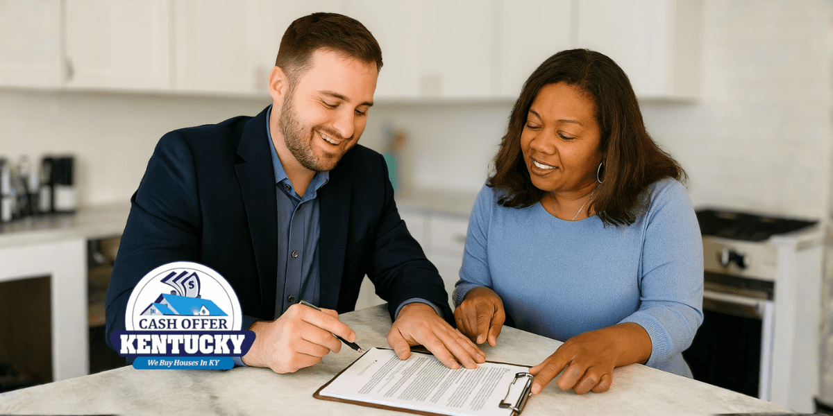 A professional meeting between a home seller and Cash Offer Kentucky representative, showcasing streamlined, cash home-selling solutions in Kentucky.