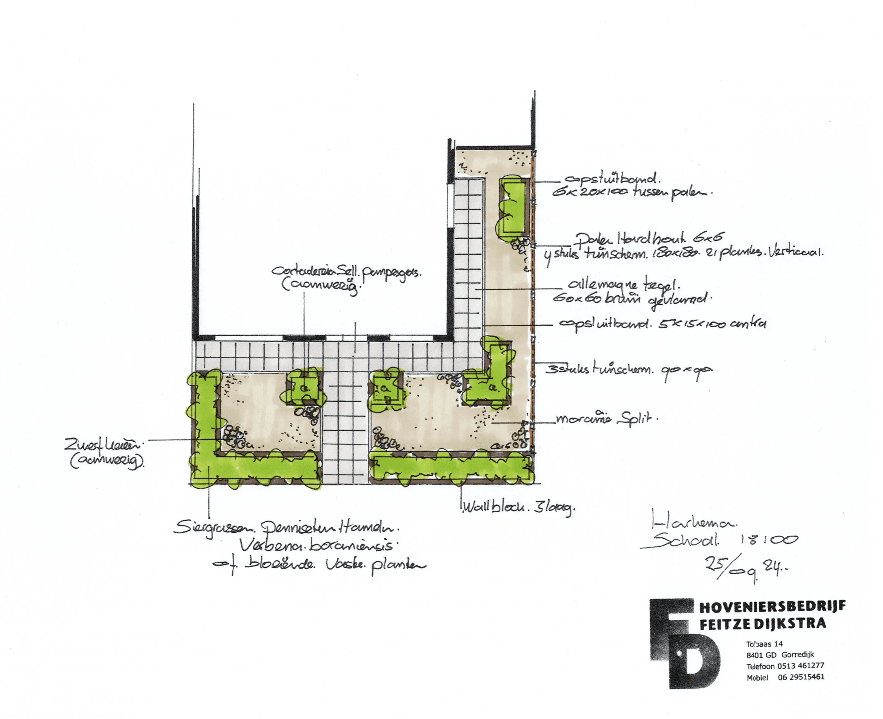 Overzichtelijk tuinontwerp met grindpaden, verhoogde plantvakken en groene hagen voor onderhoudsarme voortuin in Harkema.
