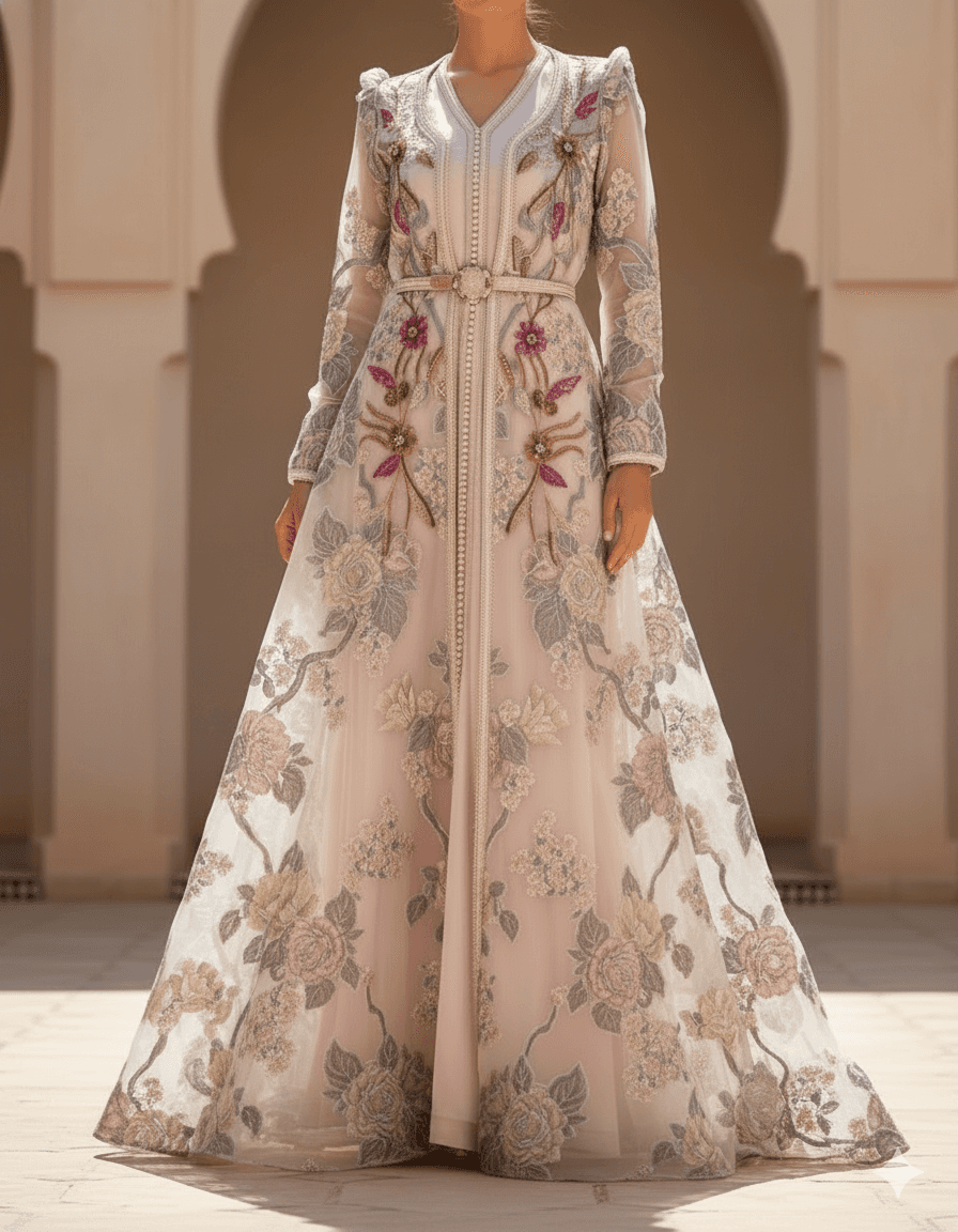 A soft blush-toned caftan adorned with delicate floral embroidery. A refined piece embodying femininity and understated luxury.