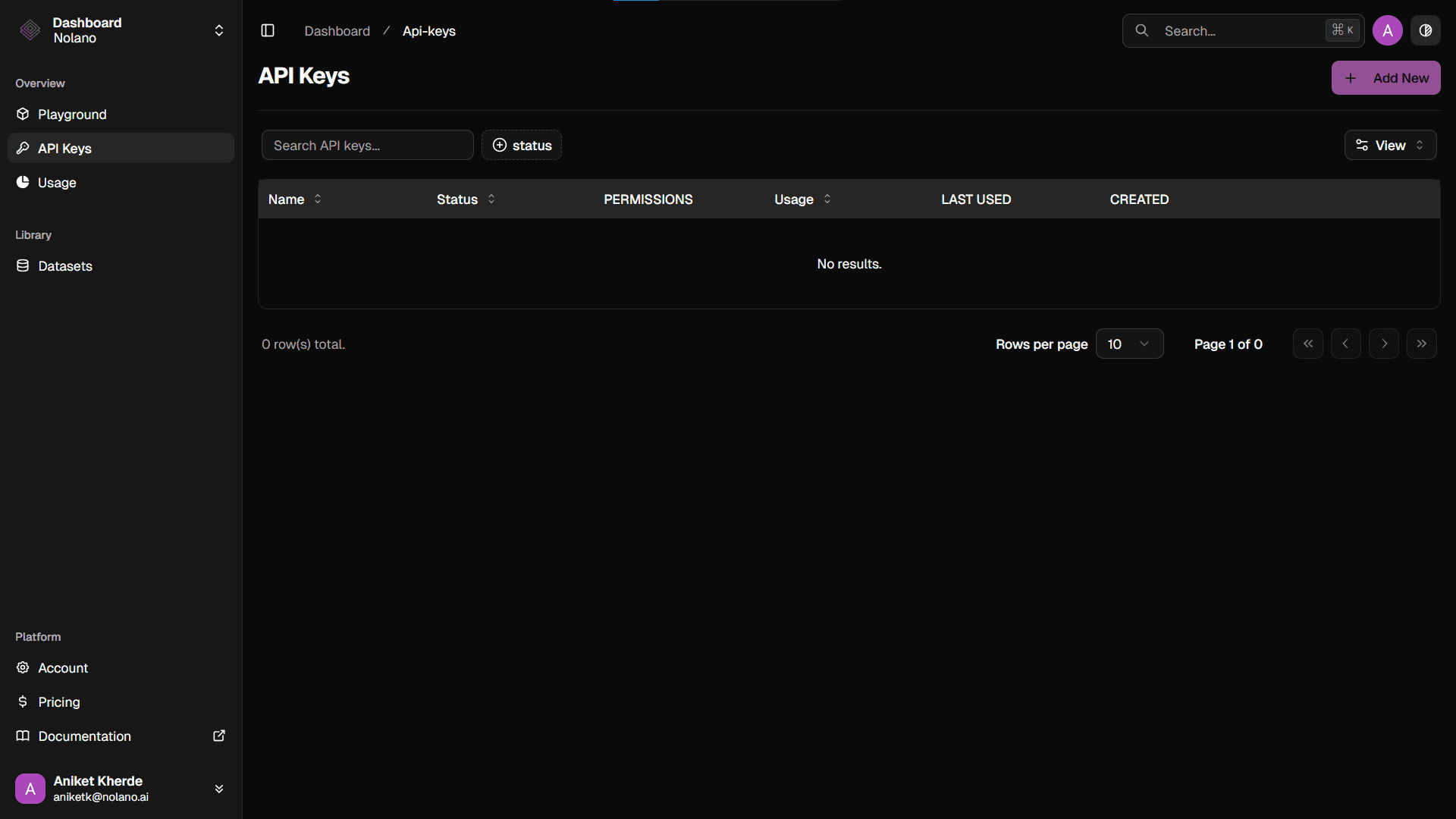 “API Keys” dashboard