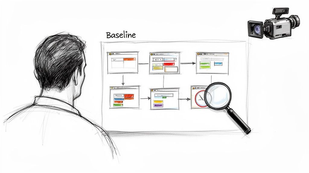 Sketch of a person reviewing a baseline process flow diagram with a magnifying glass and camera.