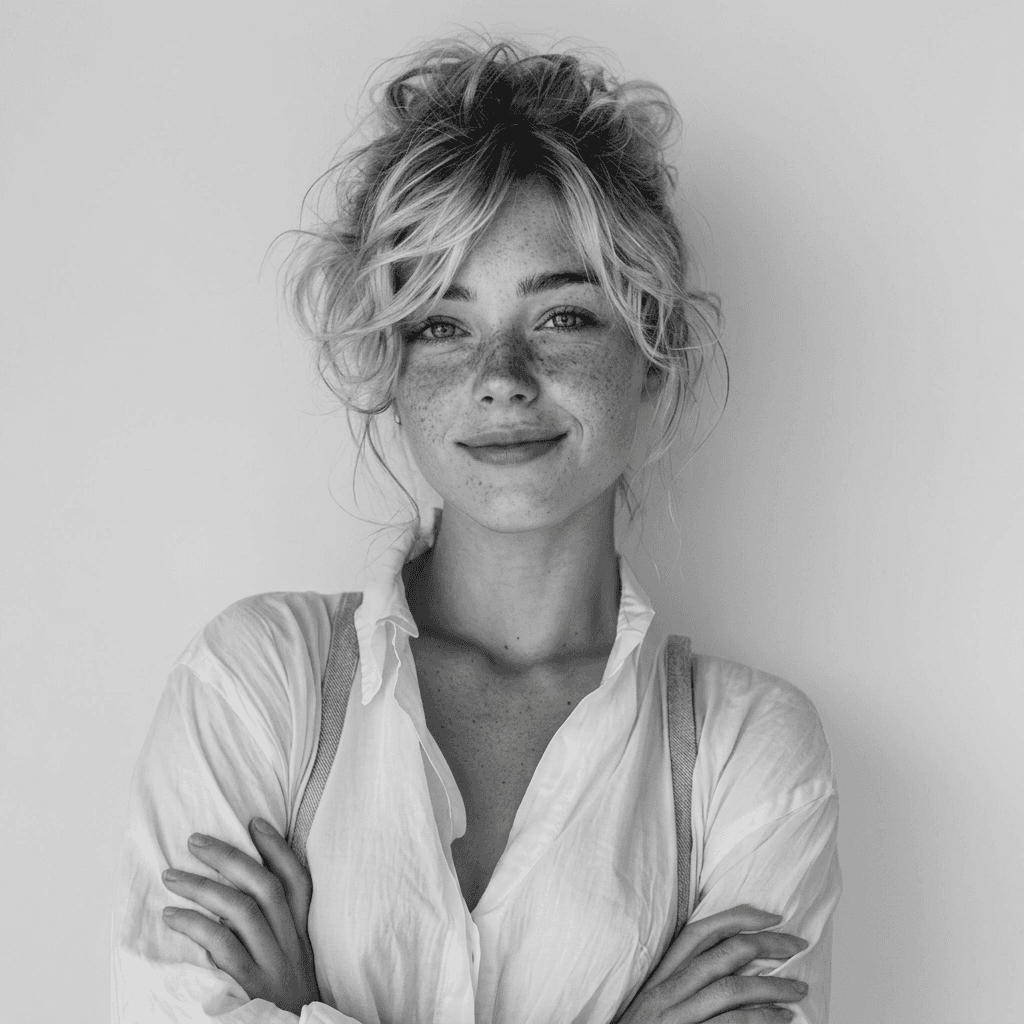 Smiling blonde woman with freckles in a white shirt, arms crossed, minimalist studio portrait.