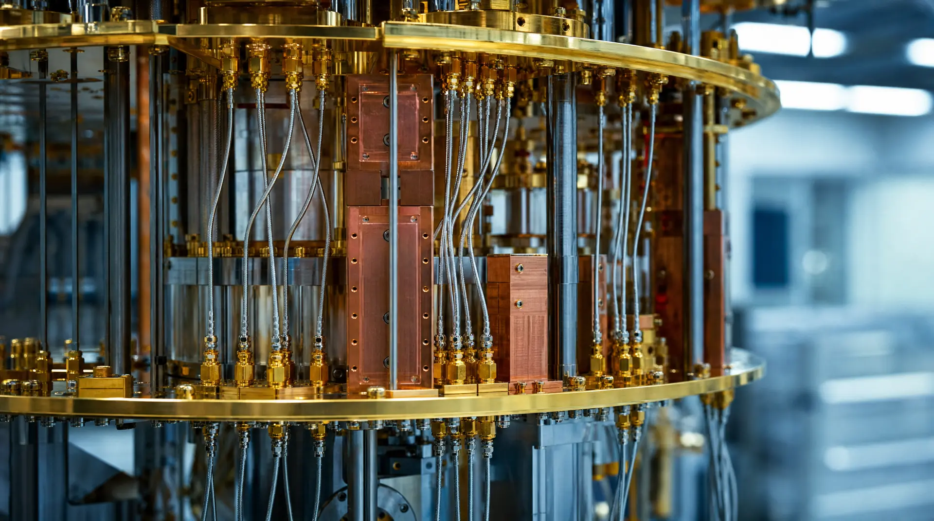 Brass and copper industrial manifold with bundled cables inside a clean production facility, styled for manufacturing video marketing.