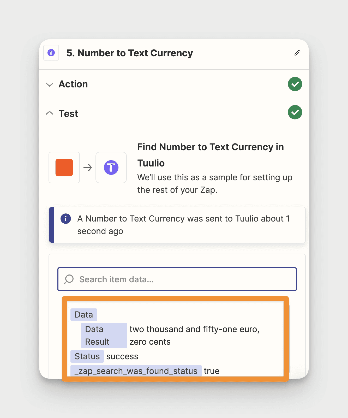 Show the result of number automatically converted into currency text using Tuulio automation action for that purpose