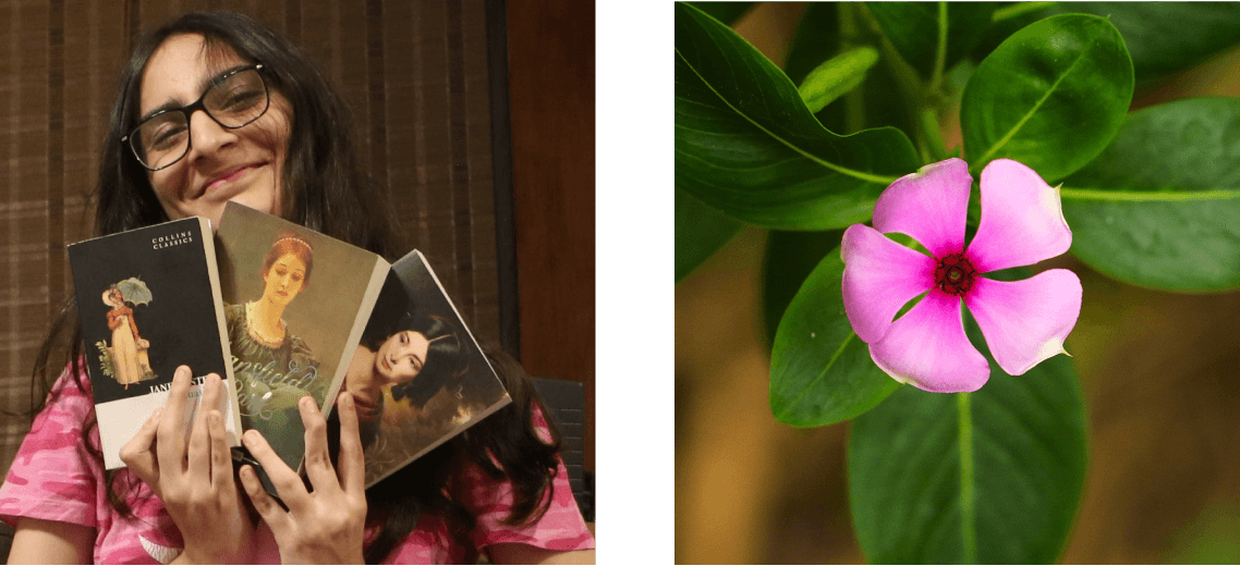 Sarah holding up her favorite books and examples of her photography