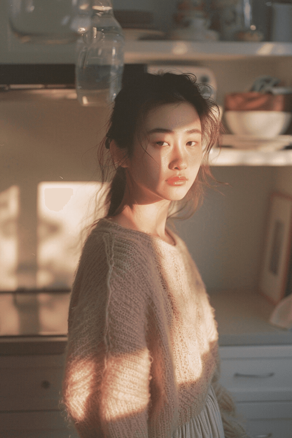 Postpartum mother standing in kitchen with soft light on her face, aware of physical discomfort during early breastfeeding