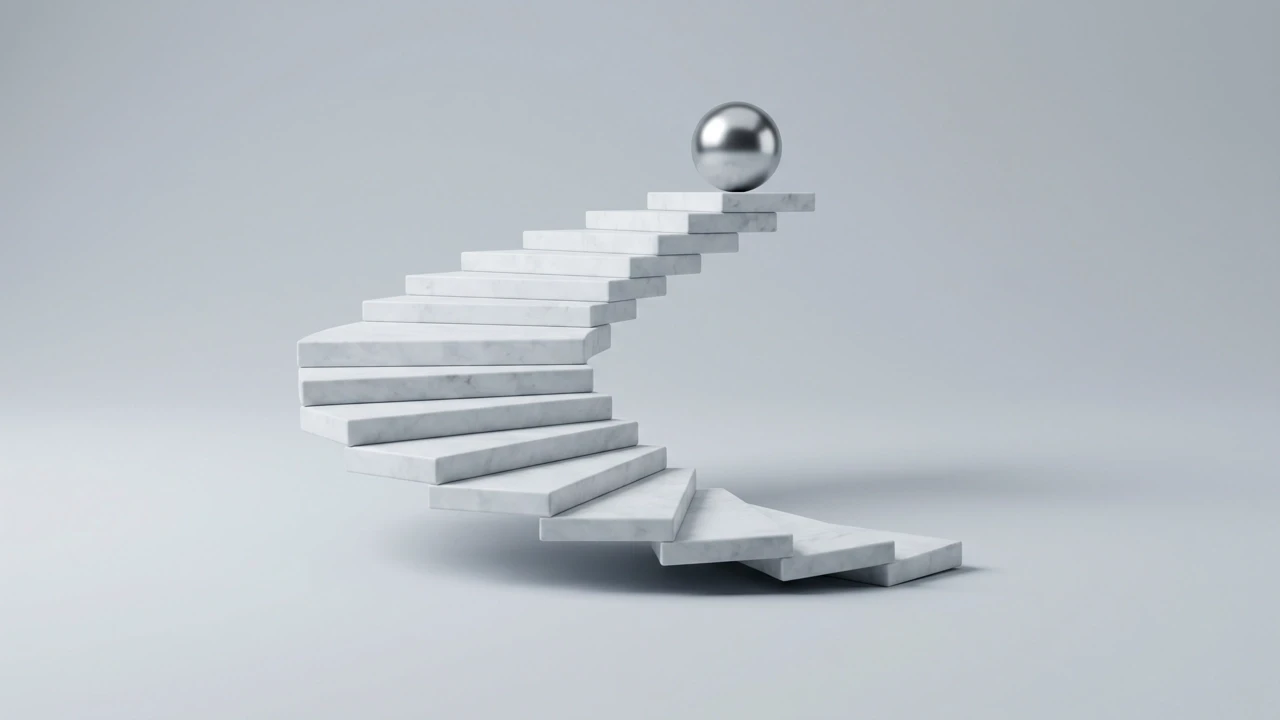 Abstract 3D composition of a white marble spiral staircase ascending towards a polished metallic silver sphere, illustrating immersive narratives and interactive depth.