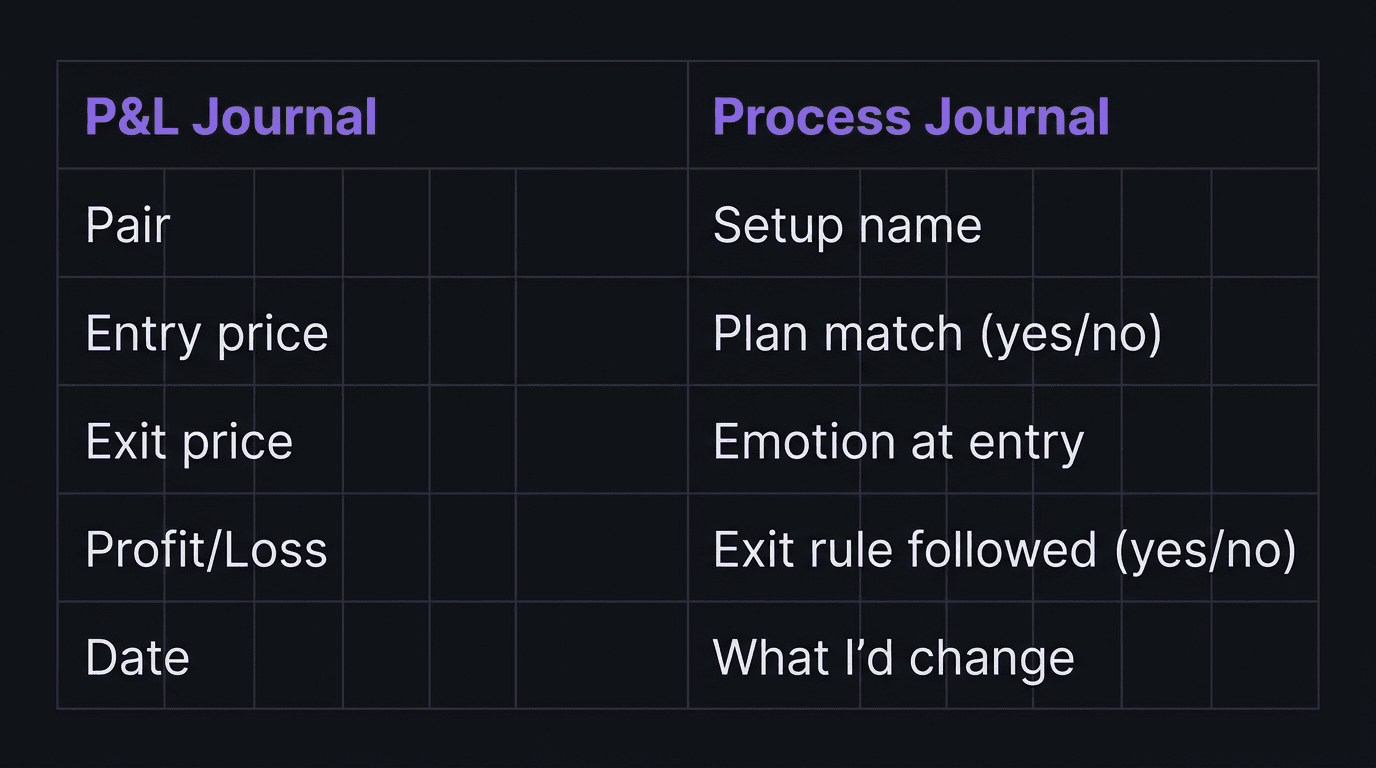 Comparison table showing P&L journaling fields versus process journaling fields