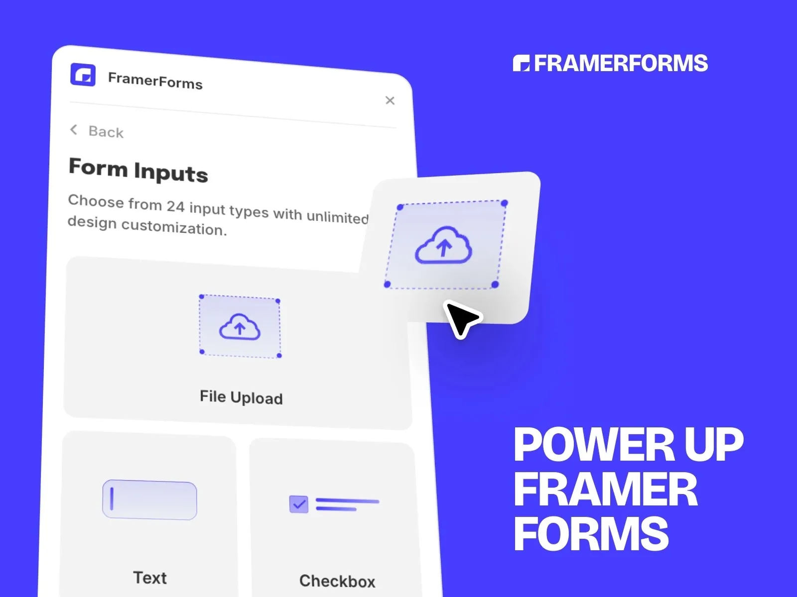 UI mockup with file upload icon and "Power Up Framer Forms" text.