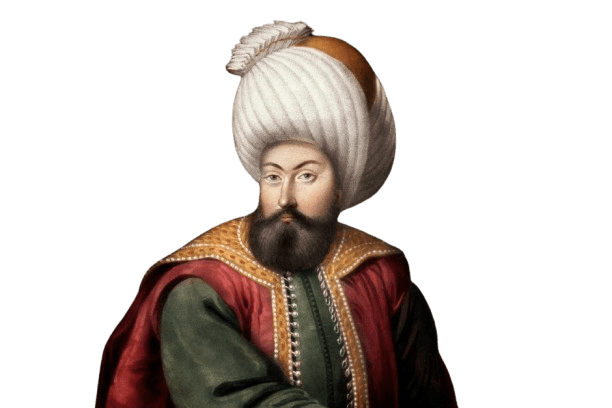 A portrait of Osman I, the founder of the Ottoman Empire, depicted in traditional Ottoman royal attire. He wears a large turban adorned with a feather and a richly embroidered robe, conveying his regal status. His serious expression and strong posture highlight his historical significance as the leader who established one of the most powerful empires in history.