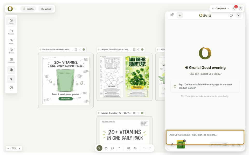 Olivia generating three distinct on-brand layout variants from a single brief, ready for a design A/B test