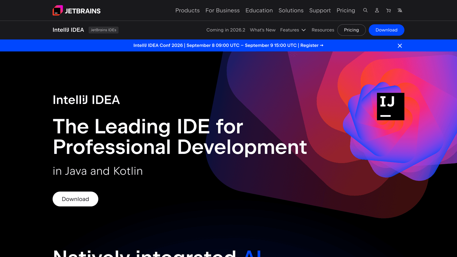 IntelliJ IDEA homepage calling it the leading IDE for professional development in Java and Kotlin