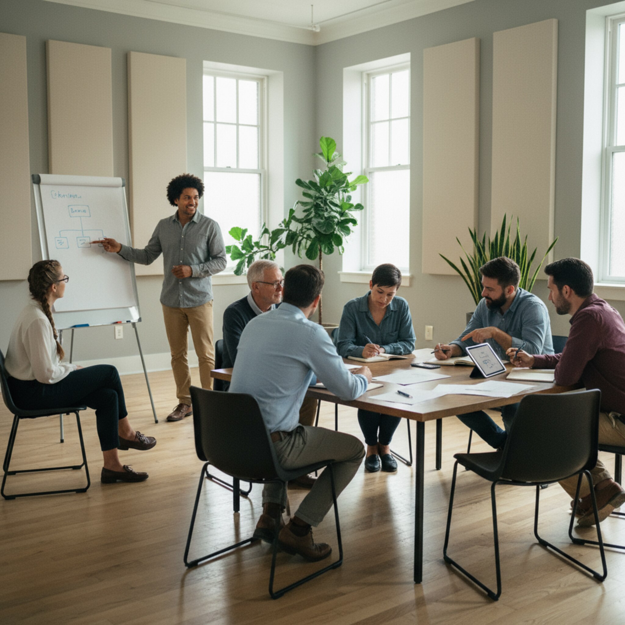 Ein großer Übungsraum mit zwei Gruppen, die parallel arbeiten: In der einen Ecke erklärt ein Coach eine Aufgabe, gegenüber übt ein Team eigenständig. Eine ruhige, helle Umgebung mit klarer Raumatmosphäre vermittelt, dass verschiedene Gruppengrößen gut koordiniert sind.