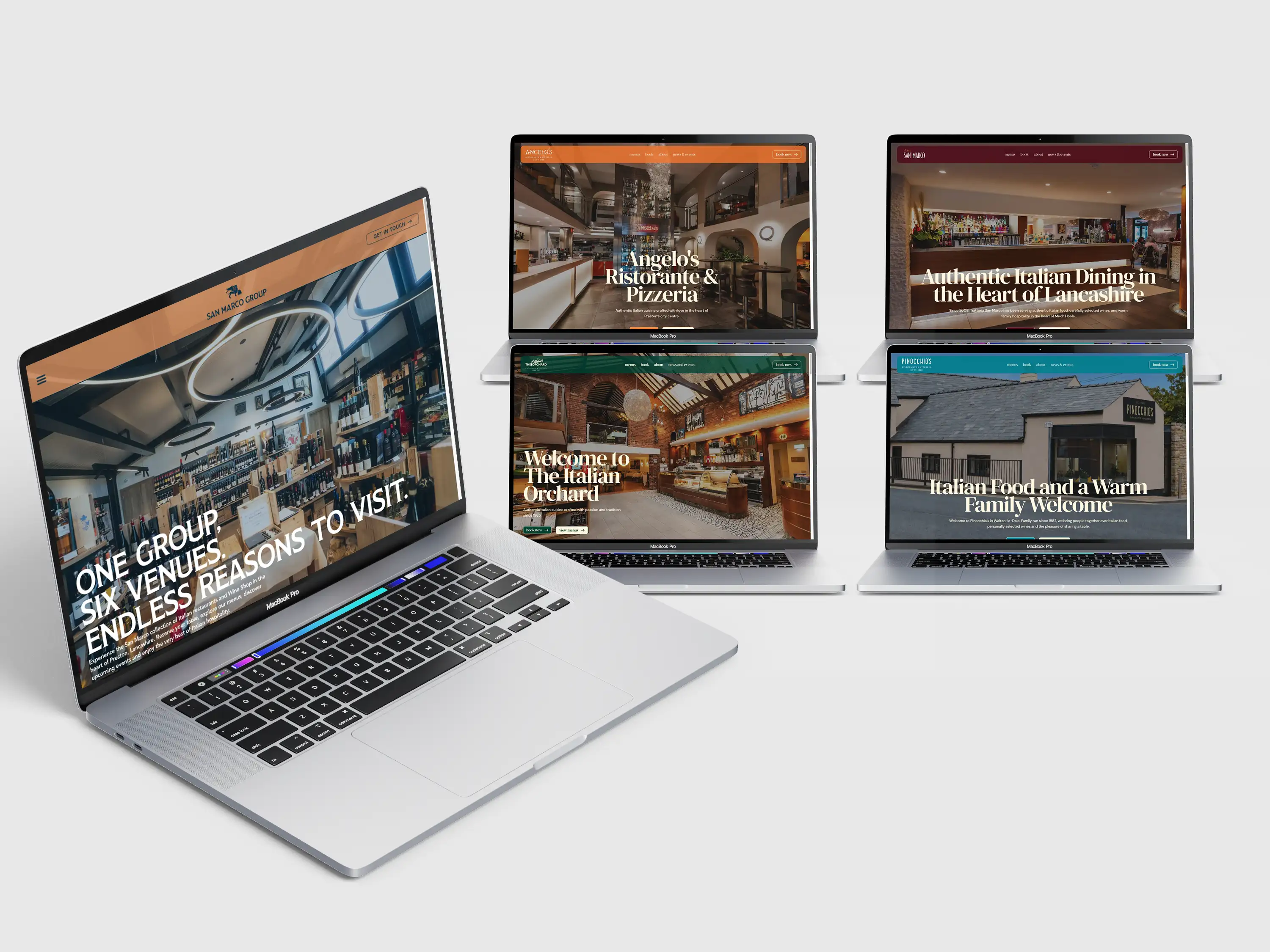 San Marco Group restaurant websites displayed across laptop and mobile screens.