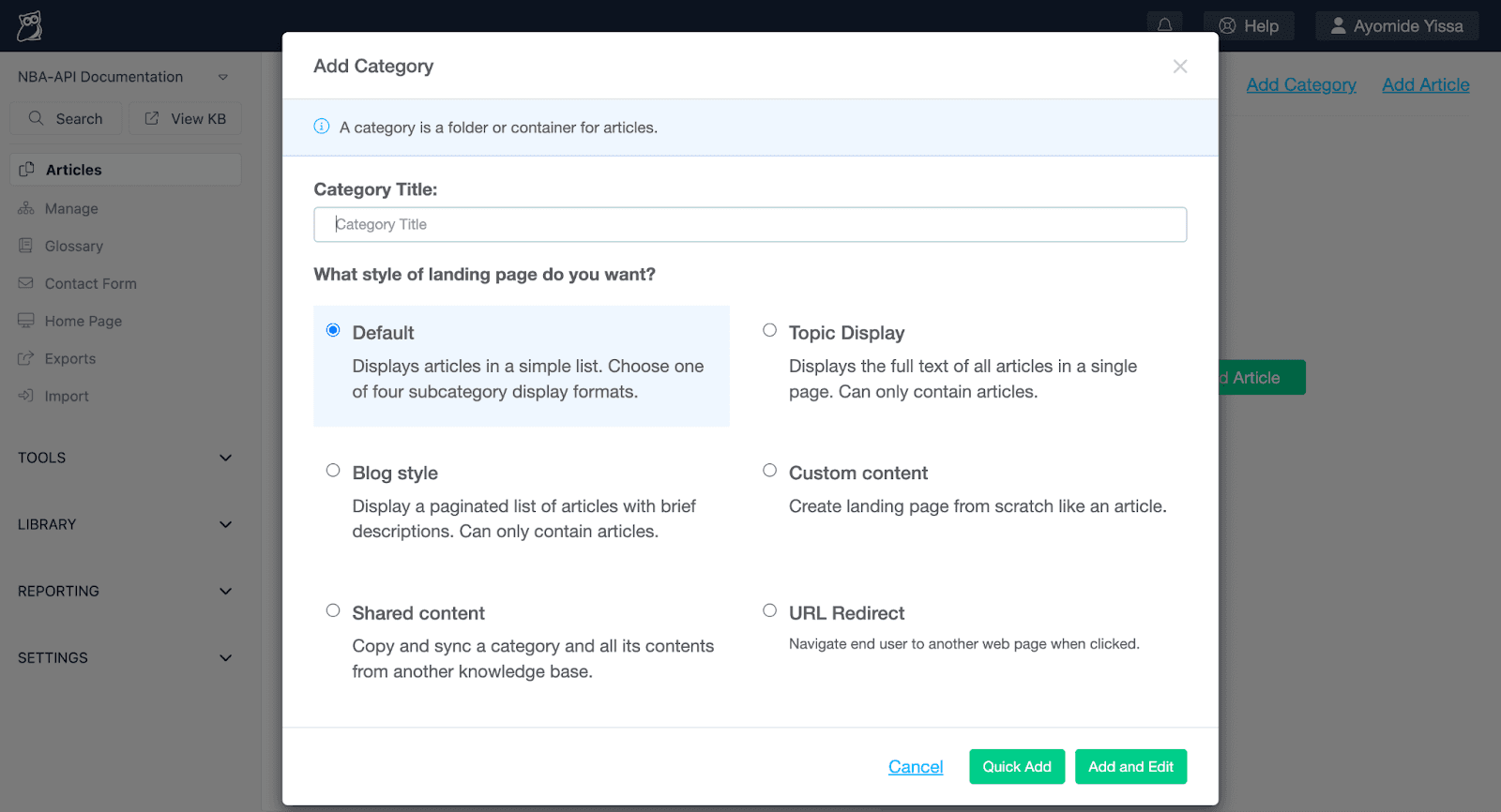 A screenshot of the “Add Category” popup window in KnowledgeOwl.