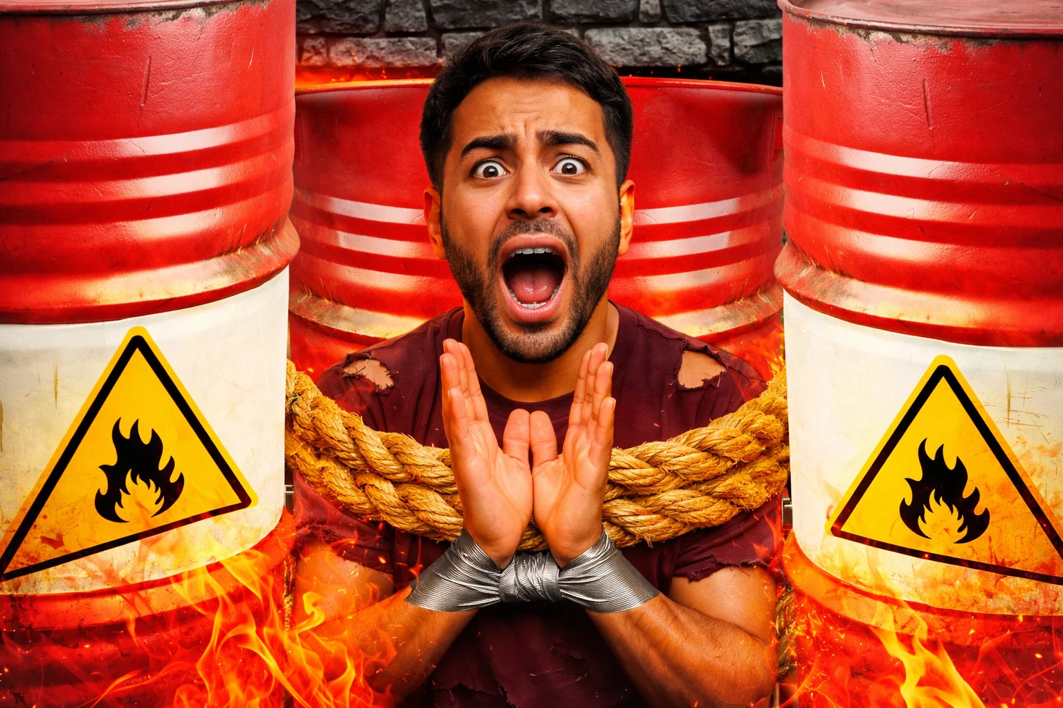 Man in blue jacket reaching out, struggling in icy water and snow.